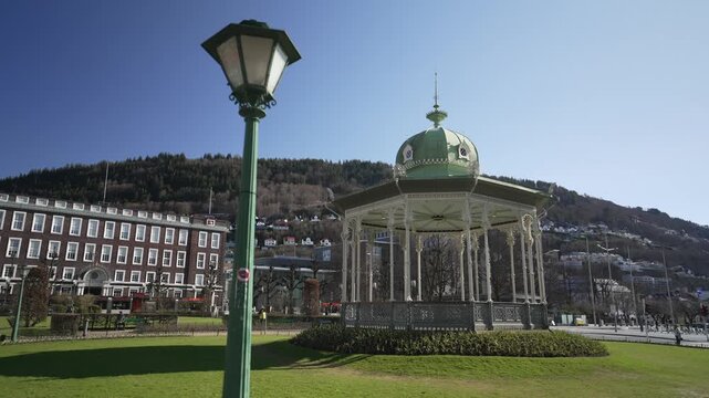 View of bandstand (Musikkpaviljongen) in Festplassen on a sunny day, Bergen, Vestland, Norway, Scandinavia, Europe