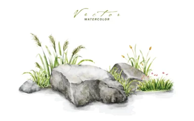 Watercolor hand-painted stones with grass growing among them © Artnizu