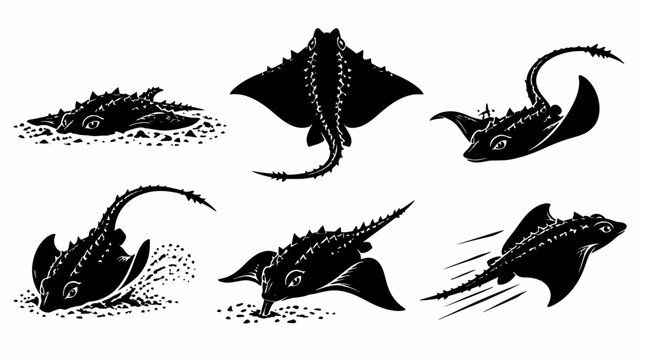 Set of stingray silhouettes, hand drawn marine life illustrations