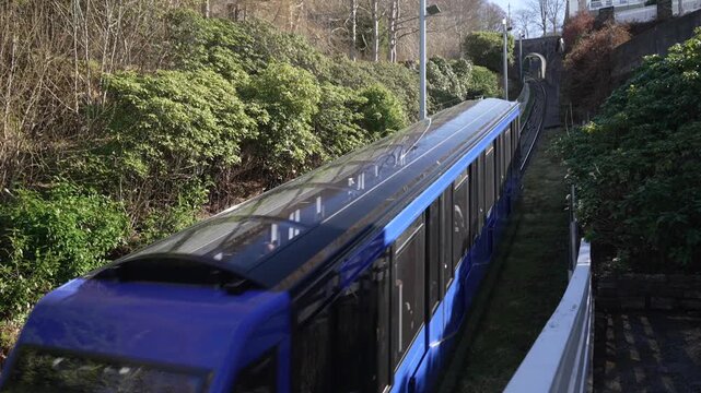 View of the funicular going up on a sunny day, Bergen, Vestland, Norway, Scandinavia, Europe