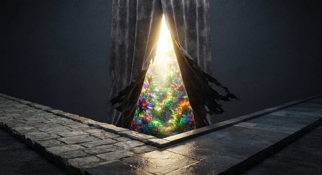 Bible, A conceptual, minimalist 3D render of two distinct, ancient stone paths meeting at a corner. Where they cross, a heavy, dark veil is being torn in two by a brilliant, glowing, golden light. 