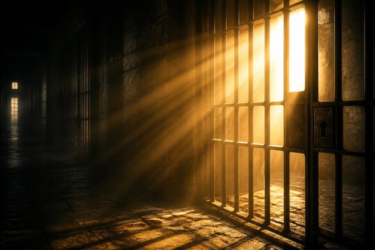 Metal prison bars illuminated by sunlight streaming through cell