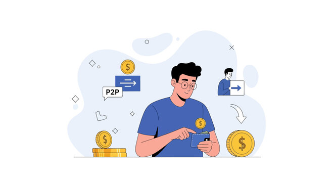 P2P Transaction: Man Managing Digital Wallet with Coins and Arrows Indicating Fund Transfer