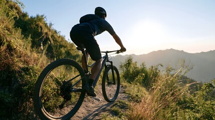 Obraz premium A cyclist rides a mountain bike along a narrow dirt trail on a sunny day with hills and vegetation surrounding