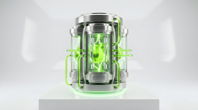 Futuristic glass incubator capsule containing glowing green energy on a white pedestal