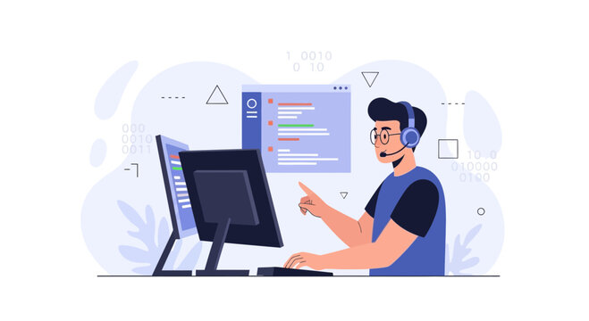 Programmer Working on Computers with Code and Binary Digits, Modern Flat Illustration