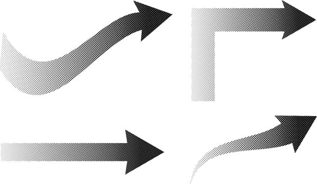 Set of four black halftone arrow symbols with dot gradient effect on  white transparent background featuring straight curved wavy and right-angled directional shapes for infographic design