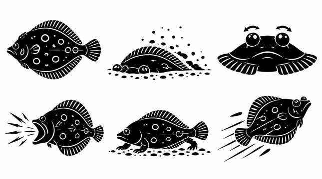 Set of Flounder Fish Silhouettes in Various Dynamic Poses