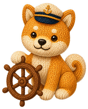 Charming knitted sailor dog shiba inu toy on a transparent background brings adventurous nautical vibes to kids room decor, beautifully designed in a cozy handmade crochet woolen style