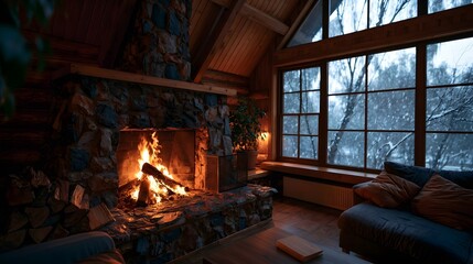 Obraz premium Cozy cabin interior with stone fireplace and roaring flames casting warm light against snow covered trees outside large