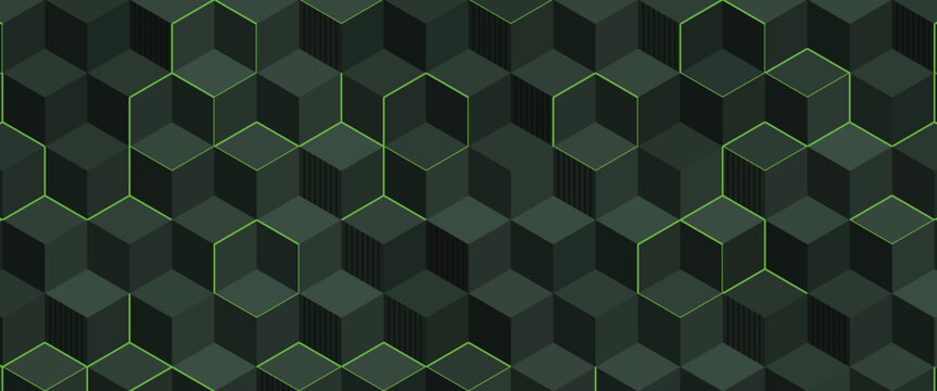 Isometric cube pattern with green neon outlines on a dark gray background a repeating geometric design cubes outline abstract