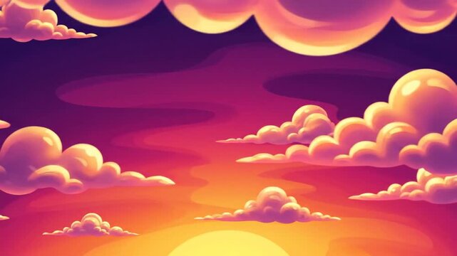 Stylized sunset clouds in vibrant purple and orange colors.