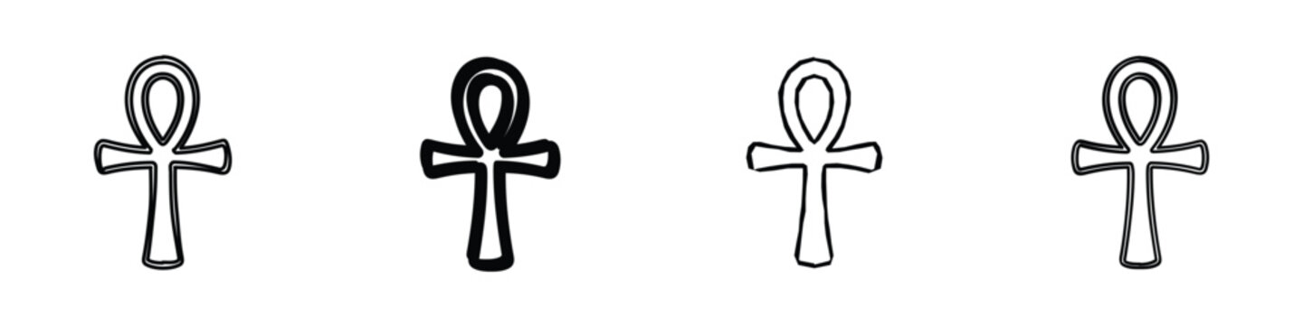 A set of four distinct ankh symbols, representing life and immortality in ancient Egypt, presented in various artistic line styles