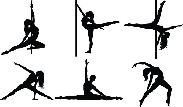 Pole dance and gymnastics silhouette vector illustration, athletic women poses set isolated on white background