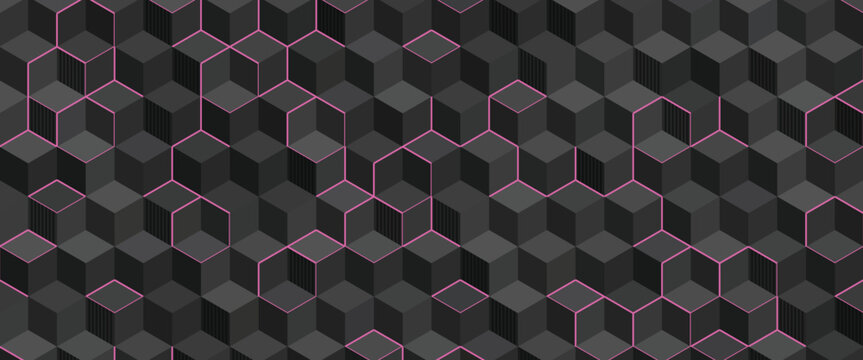 Isometric cube pattern with pink outlines presents a geometric design in a dark repeating arrangement cubes halftone abstract shape