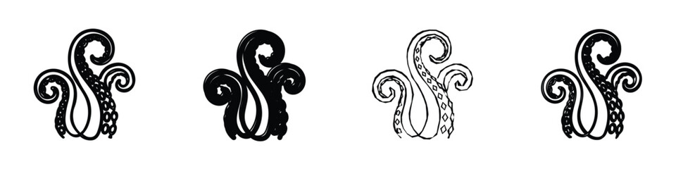 A collection of four distinct black and white graphic illustrations depicting swirling octopus tentacles, each with unique detailing and artistic interpretation © 7Author