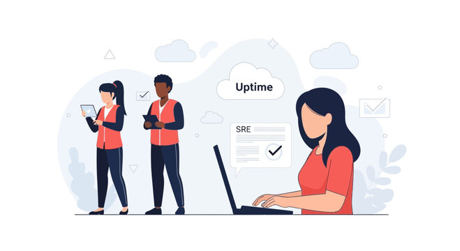 Site Reliability Engineering team monitoring uptime and system performance with digital tools