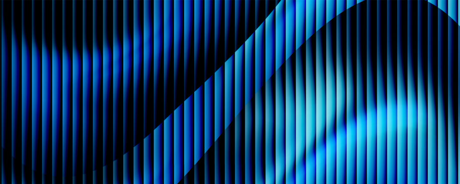 Deep vertical reeded glass texture, blue black gradient with frozen refraction. Ribbed pattern background, vector illustration