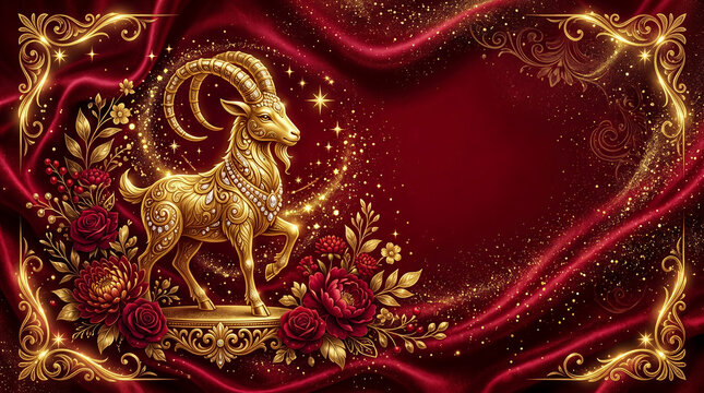 Majestic Golden Capricorn Zodiac Symbol Surrounded by Red Roses and Elegant Ornate Gold Frames on Luxurious Deep Red Silky Background with Shimmering Glittering Stardust Accents