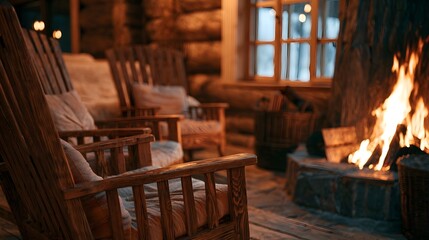 Obraz premium Cozy log cabin interior with wooden rocking chairs and a roaring fireplace casting warm light on rustic walls