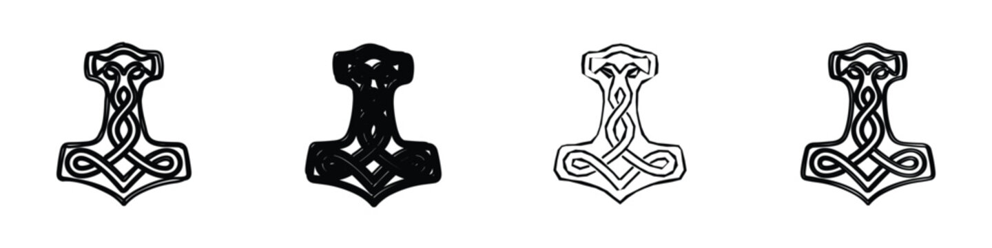 A stylized representation of Thor's Hammer, Mjolnir, featuring a complex Celtic knot design, presented in a stark black and white graphic style
