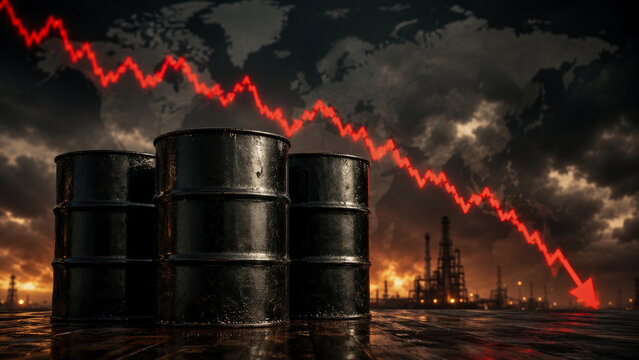 Black oil barrels stand against dark industrial refinery background under dramatic world map with bright red neon chart line indicating sharp economic decline in global energy markets