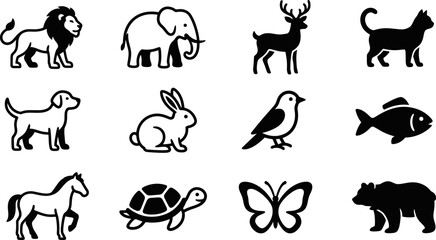 Collection of 12 black and white animal silhouettes © Onik