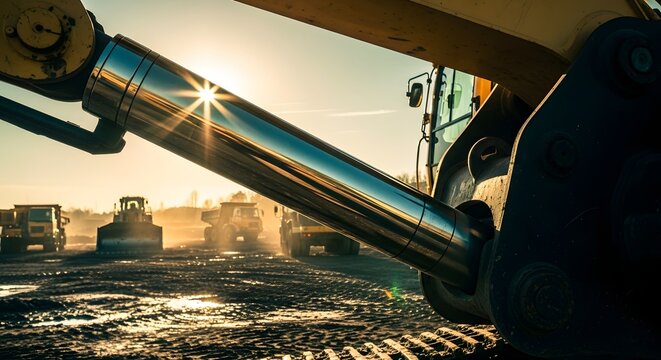 Construction machine hydraulic arm at sunset