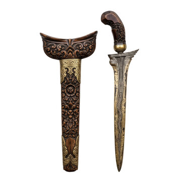 Realistic 3D render of an antique traditional Indonesian Keris dagger with intricate carved wooden sheath isolated on transparent background