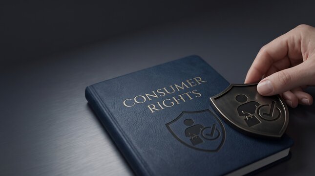 A hand placing a metal shield emblem onto a dark blue book labeled with consumer rights protection