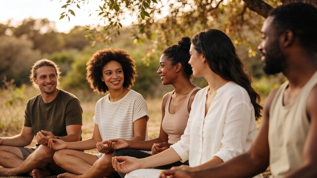 Diverse group reconnecting with nature during a holistic detox retreat in a quiet garden setting.