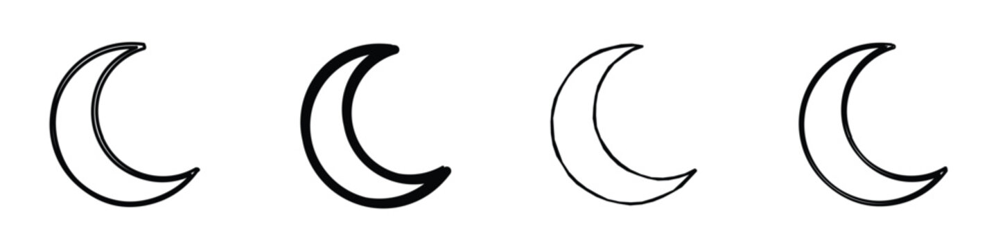 A collection of four simple line art illustrations depicting the crescent moon phase in different artistic interpretations
