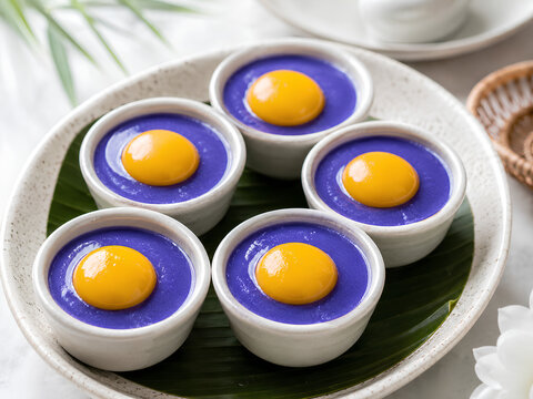 Traditional Thai Bulan Dan Mek Dessert with Butterfly Pea Custard and Egg Yolk Topping