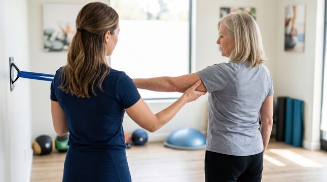 Senior woman doing physical therapy exercises with resistance band, professional physiotherapist assisting elderly patient in rehabilitation clinic for recovery.