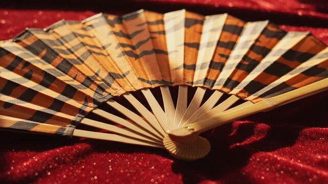 Traditional tiger patterned folding fan on red velvet.