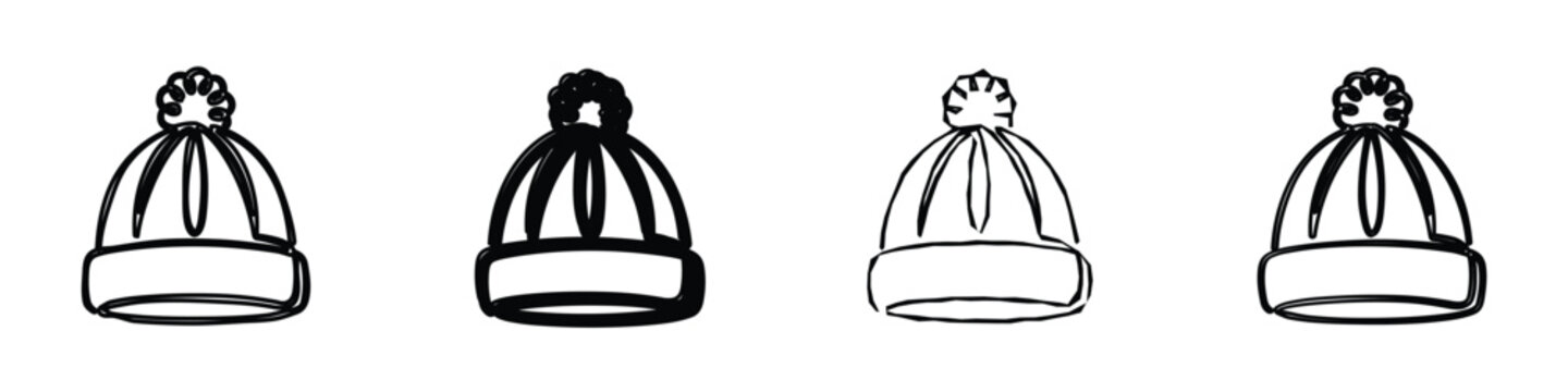 Four distinct line art illustrations of knitted winter hats, each featuring a pom-pom on top, presented in a simple black and white style