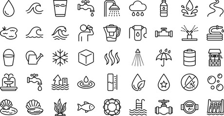 Naklejka premium Water Resources and Plumbing Utility Line Icon Set for Environmental Conservation, Residential Sanitation, Beverage Hydration, Agriculture Irrigation, and Clean Energy Vector Graphics