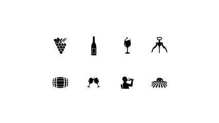 Obraz premium Wine-Related Icons and Symbols Arranged in a Grid Pattern Featuring Grapes, Bottle, Glass with Corkscrew and Barrel Elements for Toast, Drink