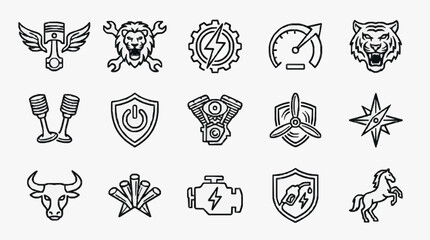 Sleek Black and White Line Art Collection of 15 Unique Vehicle and Engine Themed Icons and Symbols © Aji