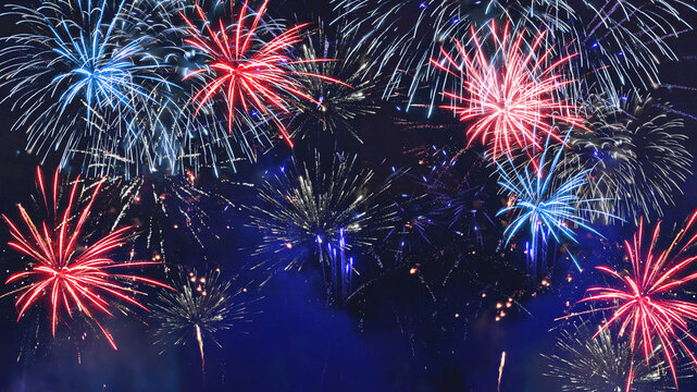 USA america united states new year, new years eve or Independence Day, 4th of July celebration holiday background greeting card - Blue red white firework on dark night sky