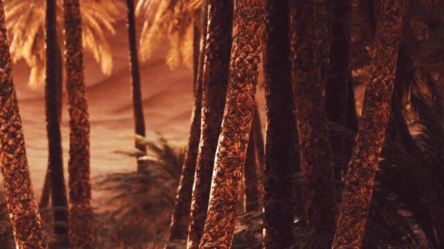In a desert landscape, palm trees rise from the sandy ground under a warm evening light. The scene captures the natural beauty of the environment and the unique shapes of the trees.