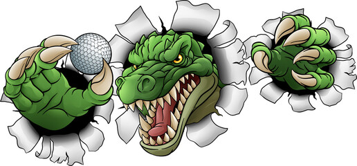 A crocodile, dinosaur or alligator lizard sports mascot holding a golf ball © Christos Georghiou