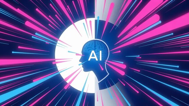 Human head silhouette with brain elements and ai letters surrounded by radiating lines depicting artificial intelligence.