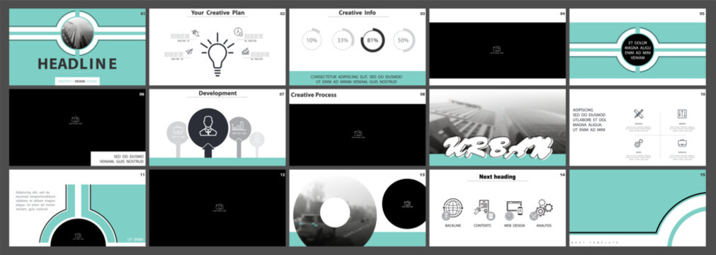 Business presentation template. Set, infographic elements, abstract geometric green design, white background. Office building, corporate photo, PowerPoint. Slideshow, annual report Vector illustration