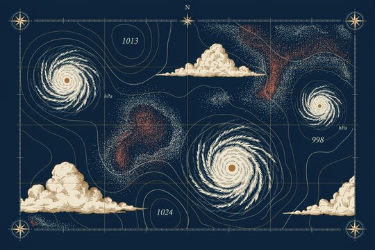 Meteorological weather map featuring swirling hurricane cyclones, cumulus clouds, pressure lines, and nautical compasses on dark blue background