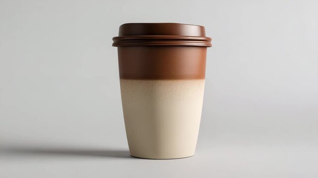 Contemporary coffee cup with two tone color blocking set against light grey background controlled studio lighting sharp focus refined aesthetic