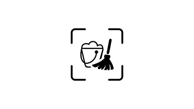 Digital scanning process of bucket and broom icon representing cleaning service or sanitation equipment in motion animation.