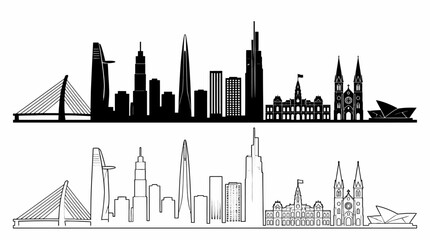 Fototapeta premium Modern City Skyline Silhouette and Outline Illustration Set