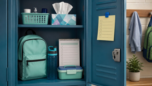 Organized blue school locker interior featuring backpack, water bottle, lunch box, checklist notepad, and personal supplies neatly arranged for successful school day.