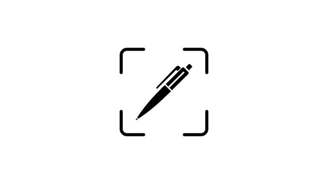 Digital scan of black ballpoint pen inside focus frame with glowing laser light effect animation.